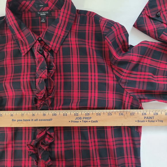 Talbots Stretch Long Sleeve Red Black Plaid Popover Blouse Ruffle Preppy Size 6 - Picture 8 of 9